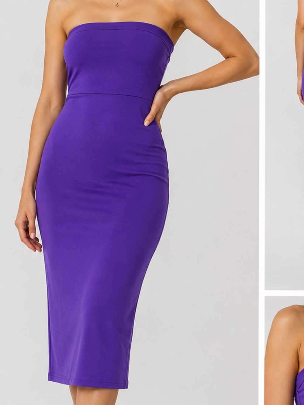See You Monday Strapless Purple Bodycon Midi Dress